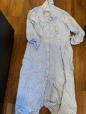 Zara Light Blue and White Striped Button-Up linen ShirtDress